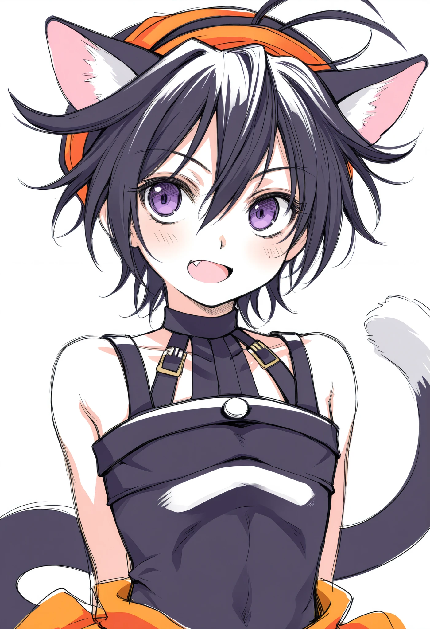 narancia,one boy,cute,cool,brack cat ears,brack hair,purple eyes,brack tail, white background, Bust-up shot,solo, sketch, fang,narancia’s clothes,brack clothes