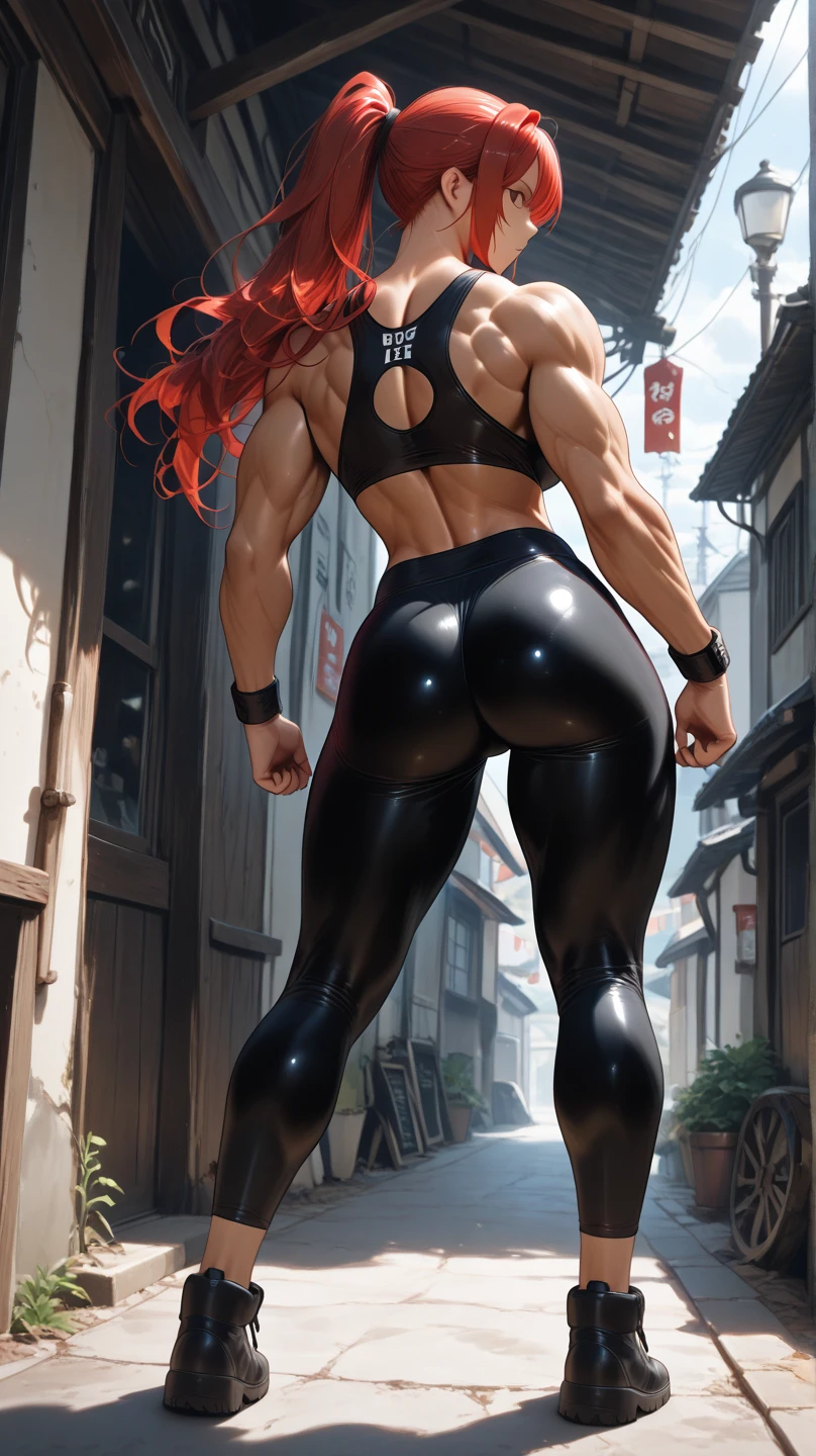 full body standing good face, nice ass, red spiky hair, beautiful woman, wide hips, cleavage, jumpsuit, leotard, heavy boots, apocalypse, muscular, thighs, mature woman, abs, looks at the viewer, lustful smirking smile face red blush