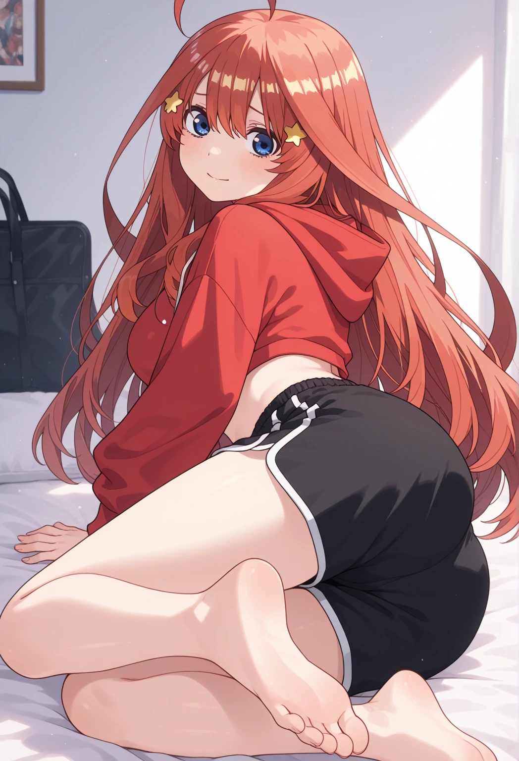 Satsuki Nakano, Itsuki Nakano, Bangs, Blue eyes, hair between eye, Ahoge, Red hair, Star \(symbol\), Hair Ornament, Star hair ornament、I'm blushing,B Leaking piece:1.2), Best Quality, High resolution, Unity 8k壁纸, (Illustration:0.8), (Beautiful detailed eyes:1.6), extra detailed face, Perfect Lighting, extremely details CG, (Perfect hands, Perfect Anatomy),Large red hoodie,Black shorts,White tights,brown short boots,hair flowing over shoulders