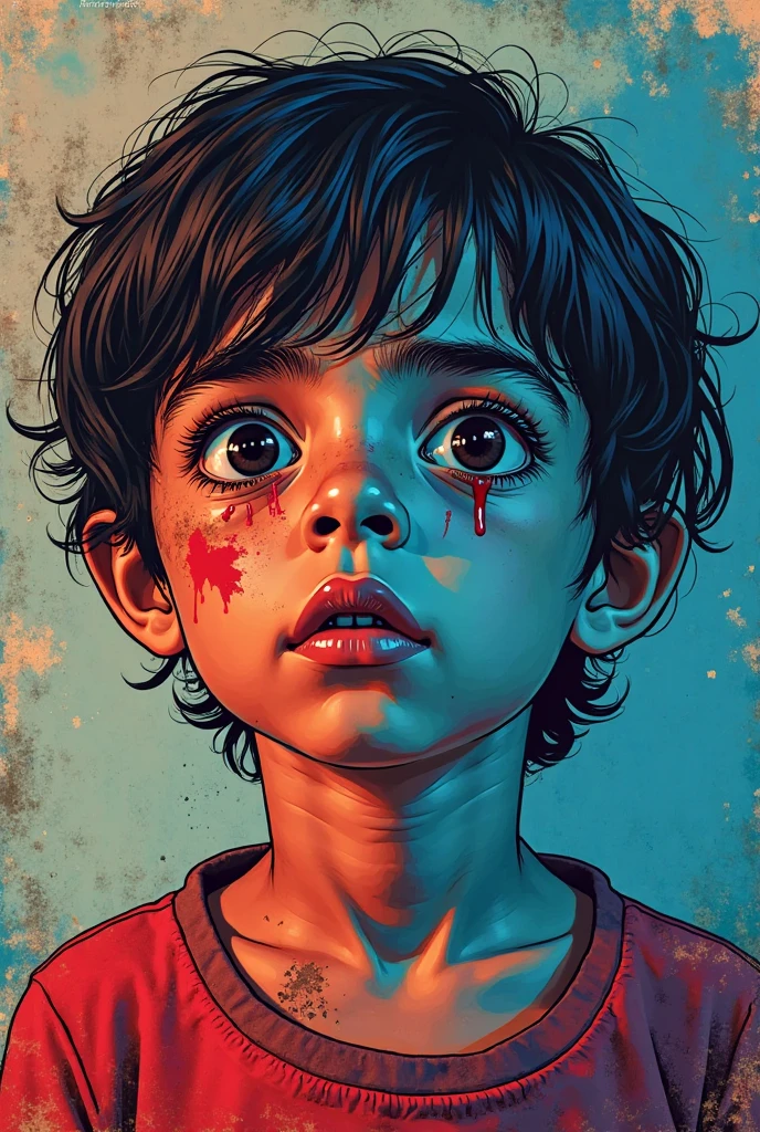 there is a young boy sitting on a bed with a woman, pouty face, serious face, serious expression, serious sad look in his eyes, pouting, young child, boy with neutral face, angry looking at camera, with serious face expression, his hair is messy and unkempt, looking defiantly at the camera, with a sad expression