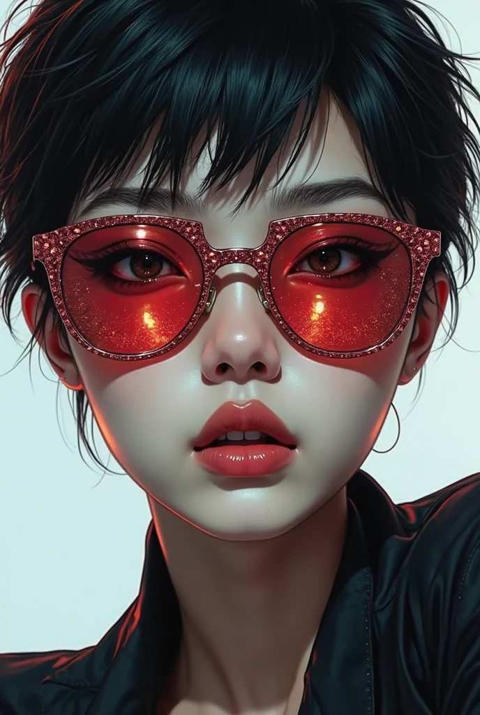 masterpiece,best quality,detail,Perfect composition,Super good quality,HD Wallpapers,A young woman wearing crimson sunglasses,illustration,With black aesthetics、The style of anime aesthetics,I can't believe how beautiful it was,Black Pearl and Mint,monochromatic minimalist portraits,Pop artistic sense,whole body,Dynamic,solo,Posing with hands on chest,
