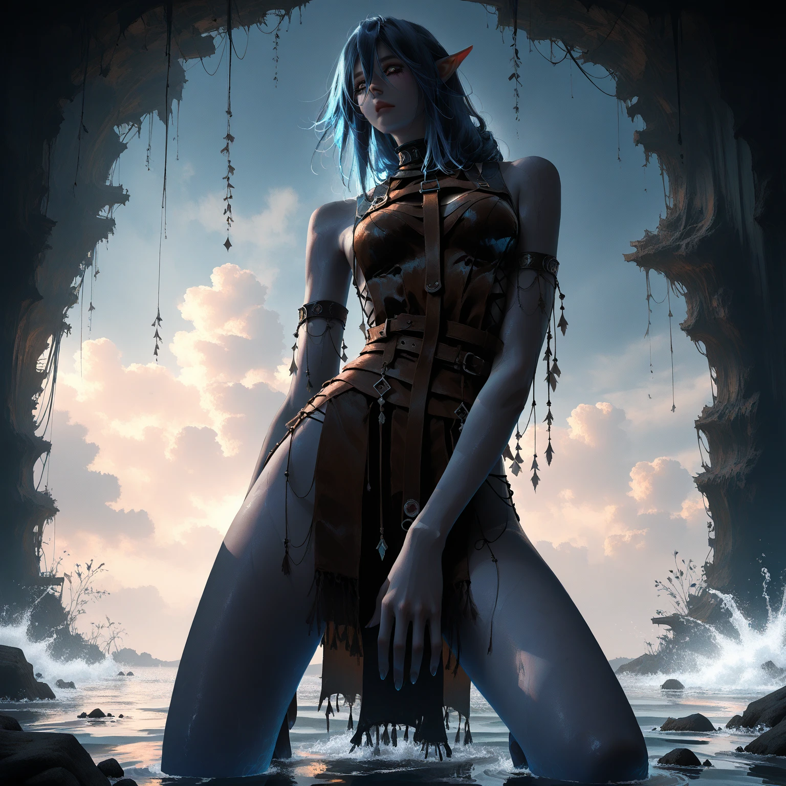 (((Character Design))), ((Fantasy and Artsy Dreamlike VFX Painting)) of a Young Darkskin Woman, wearing iridescent Dieselpunk swimsuit, bathing in a rock pool, in the style of Hentai\Manga/Anime Inks Illustration Art | by Ross Tran, by Artgerm, by Ari Libella | Dripping Inks, Illustration Lines | core Visual aesthetics by makoto shinkai