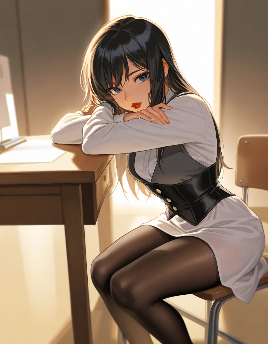 ((masterpiece)), (bestquality), ((ultra-detailed)), depth of field, (dynamic angle),detailed lighting, (beautiful detailed blue eyes), 1woman, ((voluminous long black hair styled into one single long braid down to her waist)), tomboy, ((sitting in a lab, wearing a White lab coat)), perfect Body, medium bust, 