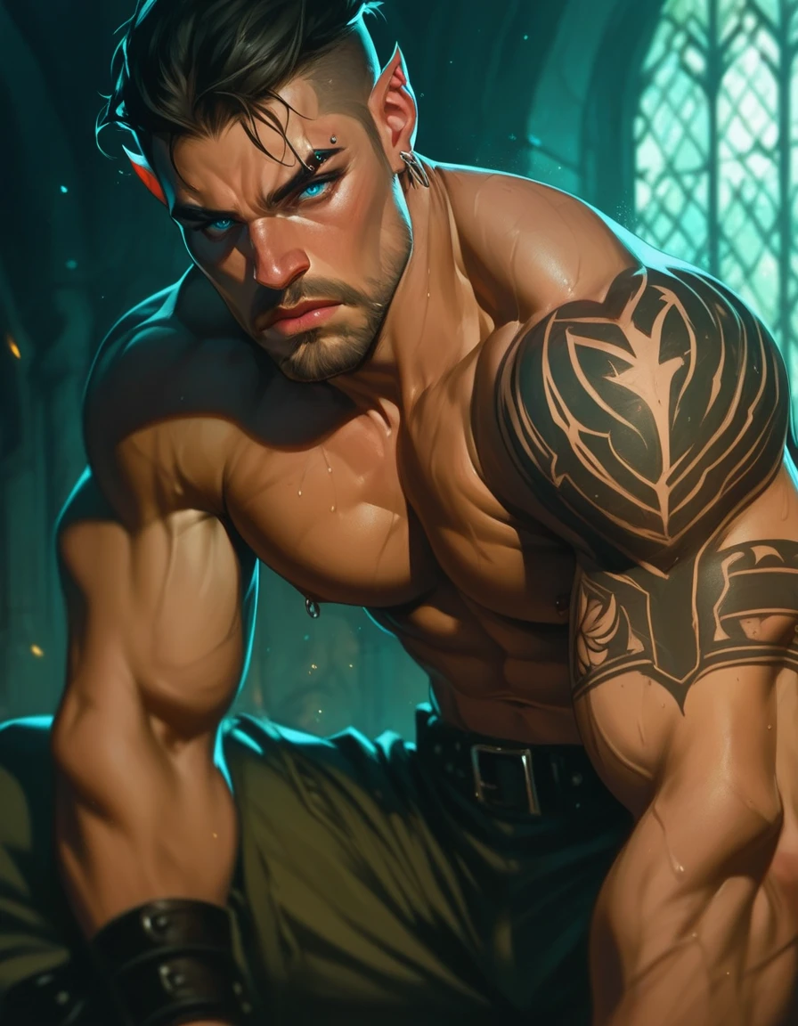 8k, RAW photo, best quality, masterpiece: 1.2), (realistic, photo realistic: 1.37), Libido boy,Tong,large pecs,Big ba,Half recumbent,CG sense,POV perspective,spread their legs,Dark atmosphere,8K,Cinematic lighting effects,Textured skin,best qualtiy,Storytelling images,Storytelling images,dynamic blur,actionpose,Highest accuracyr, Background: Dense jungle with ancient ruins,
