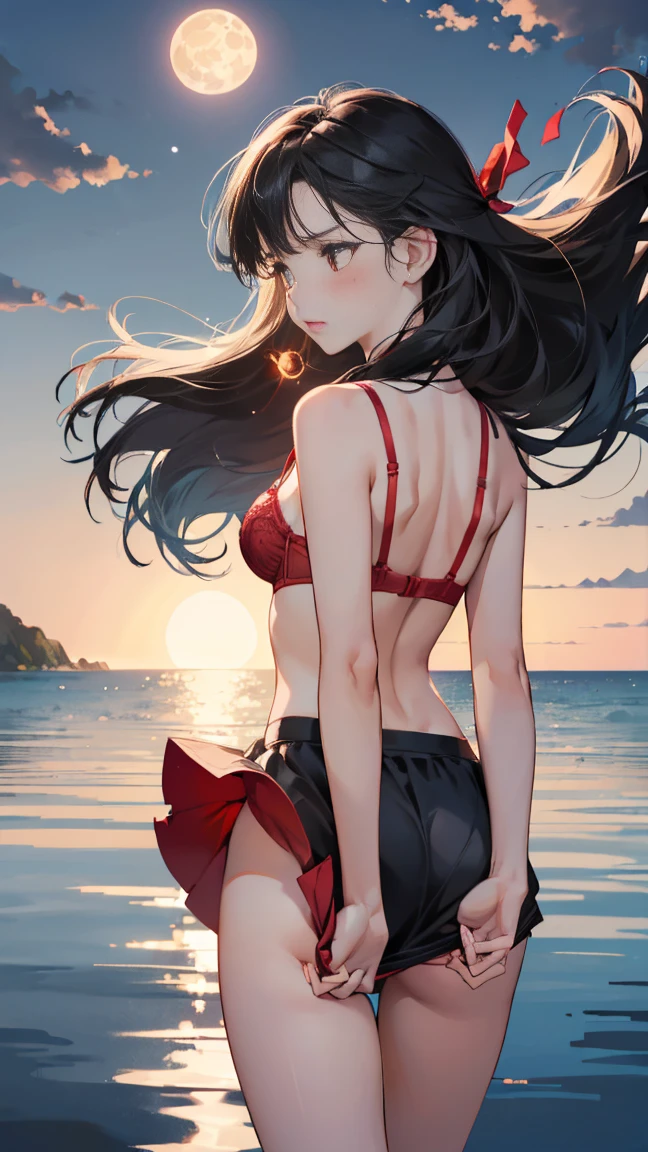 (best quality, masterpiece), 1 girl, intricate details, Beautiful and delicate face, (tiny micro bikini:1.2), perspective, looking at the audience, (pond in evening), blush, open mouth, black hair, Medium long hair, blunt bangs, happy, permanent, colorful sunset