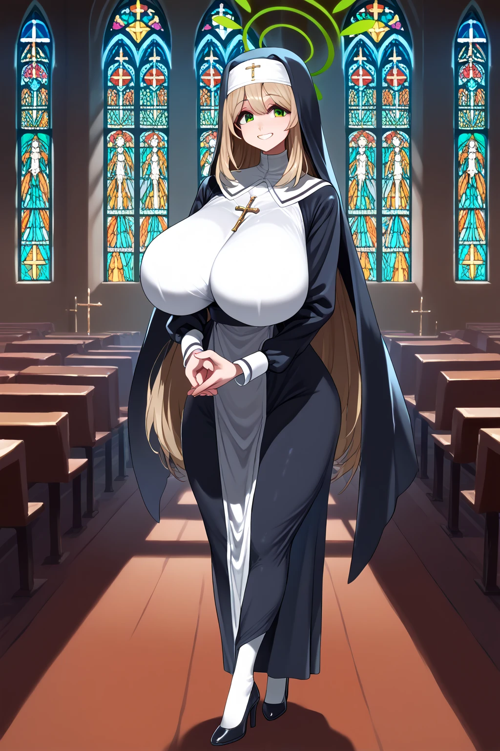 ariana grande in closet, pews in background, sexy nun outfit, big breasts, (big breasts:1.2), cleavage, holding prayer beads, and demon ,raping  nun