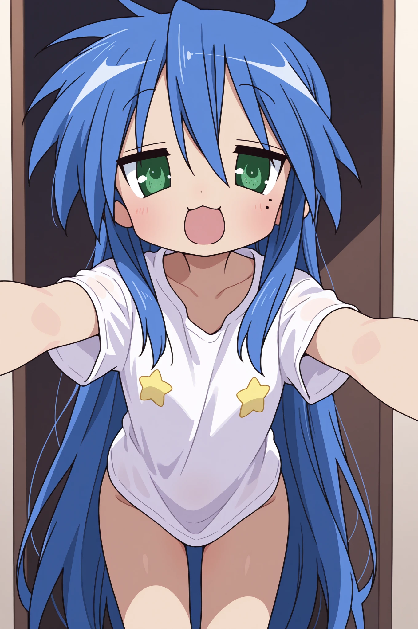 Lucky Star, masterpiece, highest quality, 1 girl, mole under eye, mole,alone, ,, long hair, green eyes, blue hair, parody, :3, Ahoge ,masterpiece, expensive quality, very_expensive_solve, big_file size, full color,(completely nude:1.2),pussy,niplles,vaginal sex,