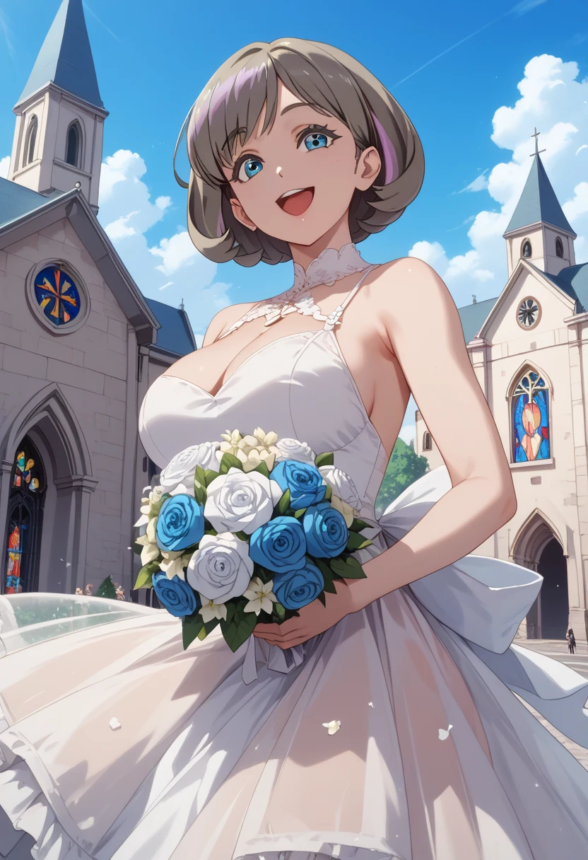 Anime illustration、Fantasy、highest quality、wedding style、Chapel with sunlight streaming in、Clear skies、bouquet、neat wedding dress、Perfect proportions、overwhelmingly big breasts、Very thick thighs、Beautiful, shining eyes、Blushed、smile、Cowboy Shot