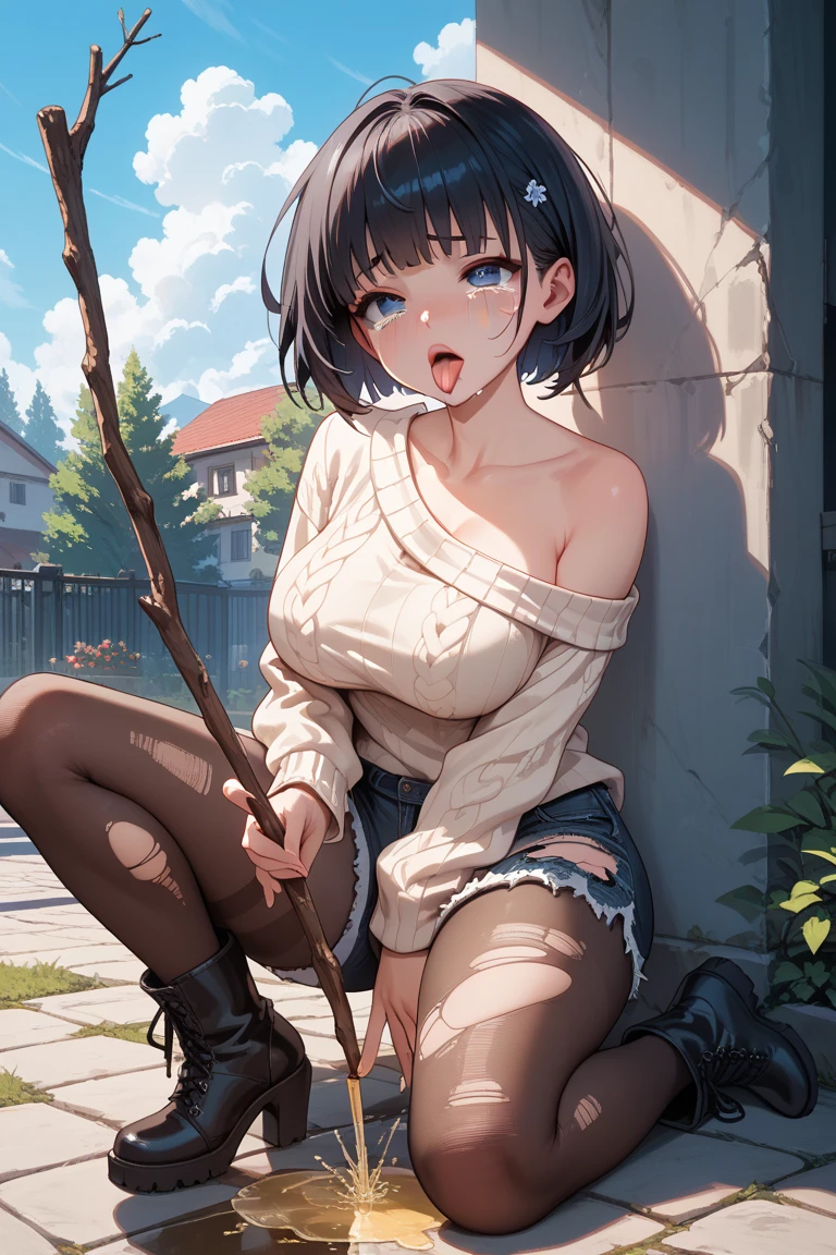 (((round face))), drooping eyes, sweat, shame, (chibi-style), a young housewife, (ecstasy face, lewd girl, casual clothes), (standing and straddling to hit her crotch area from over clothes against a vibrating grass trimmer handle, tongue), in the garden, trees, sky, angle from below, sneakers, buildings,