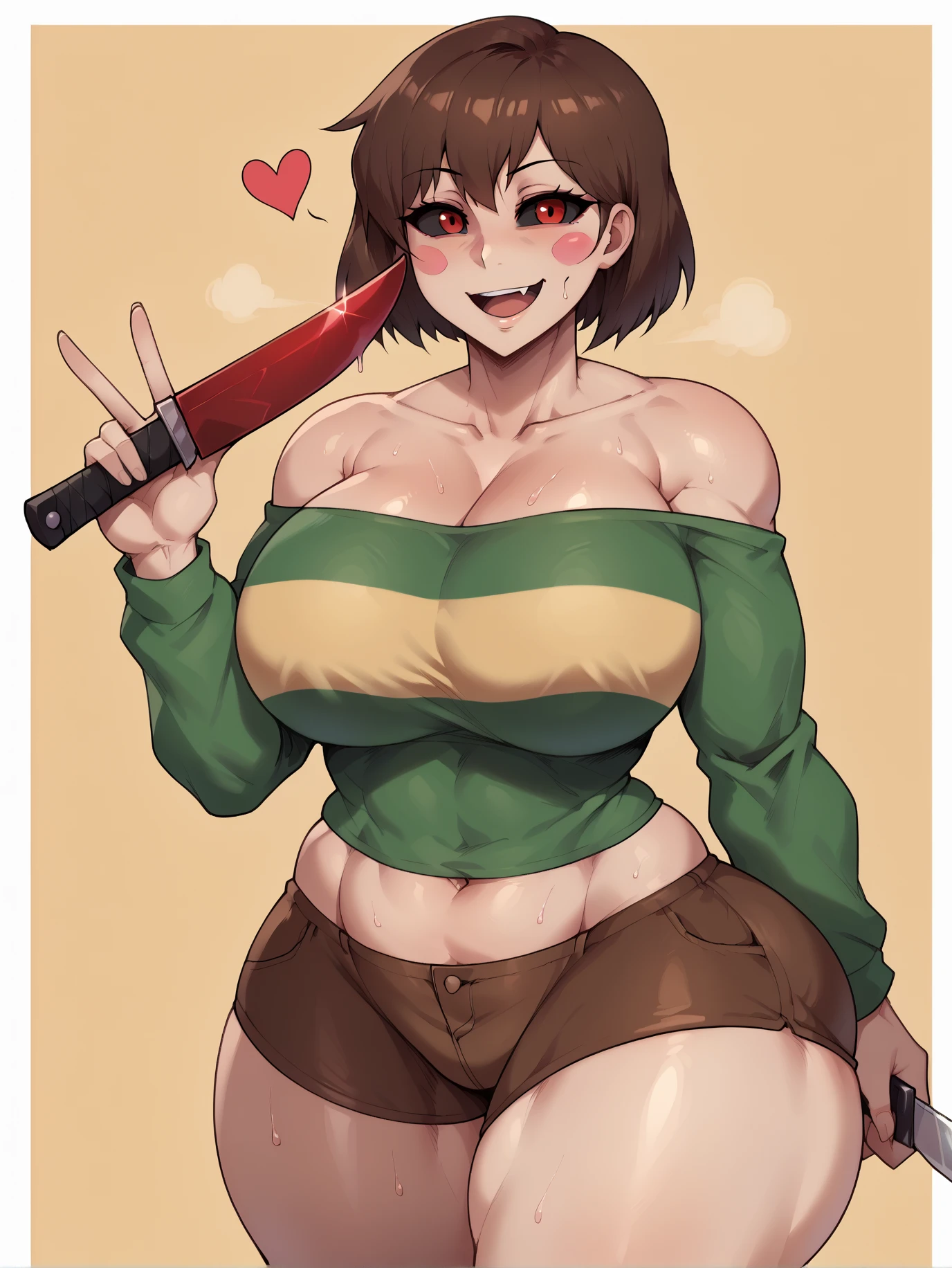 big lips, Brown hair, pink eyes, japanese face, improve, improve grin, two sides up, huge breasts, Wide hips, sexy, detailed, green room, Hits, (evil smile1.4), kawaii, pleated skirt, punk, GOOD, zombie costume, zombie shirt, zombie choker, zombie skirt, dezombie shirt,navel piercing