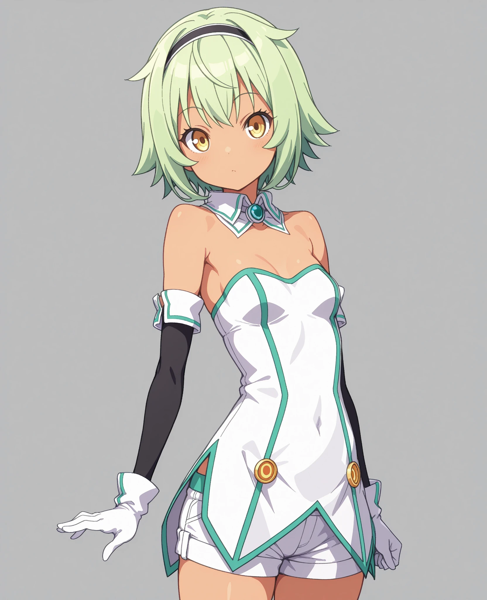 masterpiece, best quality, extremely delicate and beautiful, highres, original, <lora:Sera:0.8>, MSera, short hair, green hair, red eyes, dark skin, white tattoo on shoulders, white dress, princess, princess dress, ((royal dress)), tiara, upper body, serious, garden, colorful garden, castle, looking at viewer,
