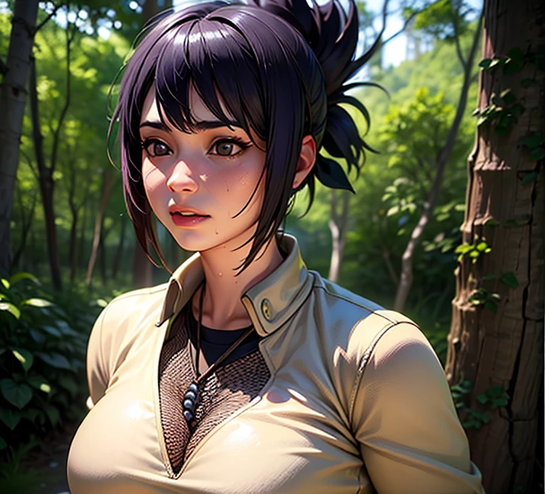 wide angle shot, Front View. Indigenous anime girl with very dark skin and black hair with bangs, brown eyes, glossy lips, from the Itzá people of Central America, the image should be full-body, with her attire being the traditional clothing of the Itzá in deep emerald color. The image should be from head to waist knees. beside the ritual place. wearing two piece, with Itzá tattoos. by Boo Chan. Makoto Shinkai and Ilya Kushinov, inspired by Stan Lee, trending on Displate. com, iridescent Poster, draw it1 fille, Solo, Résolution Haute, Seins, Résolution Haute, Qualité, Très détaillé, UHD,