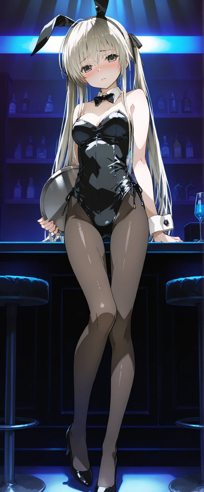 (alexia midgar), (faithfully), One gir, red eyes, long hair, very long hair, Silver hair,hair ribbon, sidelocks, (medium breastst), (black playboy bunny), (black fake rabbit ears), (black pantyhose), (black high-heels), standing, spread legs, full body, indoor, bar