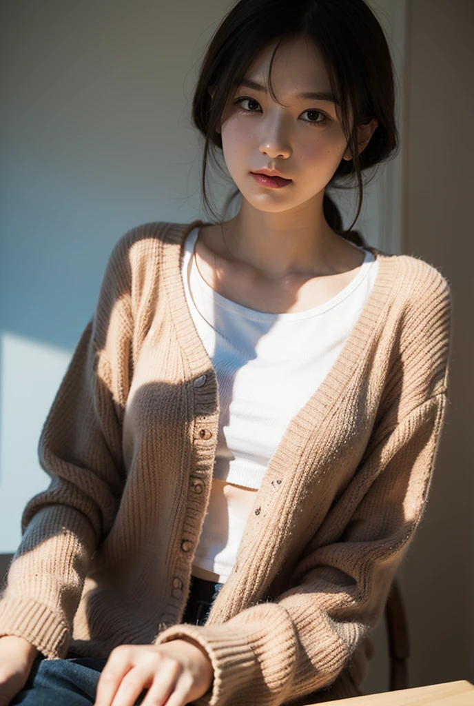 (masterpiece、Highest quality、Very detailed),alone、Natural body shape、White skin、Natural Makeup、(Beige long sleeve cardigan、White blouse、Blue plaid pleated skirt)、(Big Breasts:1.3)、((The upper body is wearing a uniform))、(((((Looking into the camera)))))、(((Crossing your legs)))、(((Exposing your thighs)))、Bedroom、On the bed、Sitting、((Focus on the crotch))