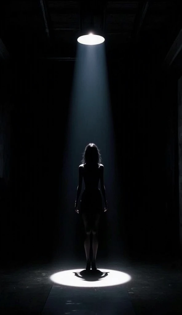 cinematic photo, dark photo of a beautiful nude woman is standing on a huge stage, a beam of light shines on her ,from_behind,(extreme_wide_shot),35mm photograph, film, bokeh, professional, 4k, highly detailed,