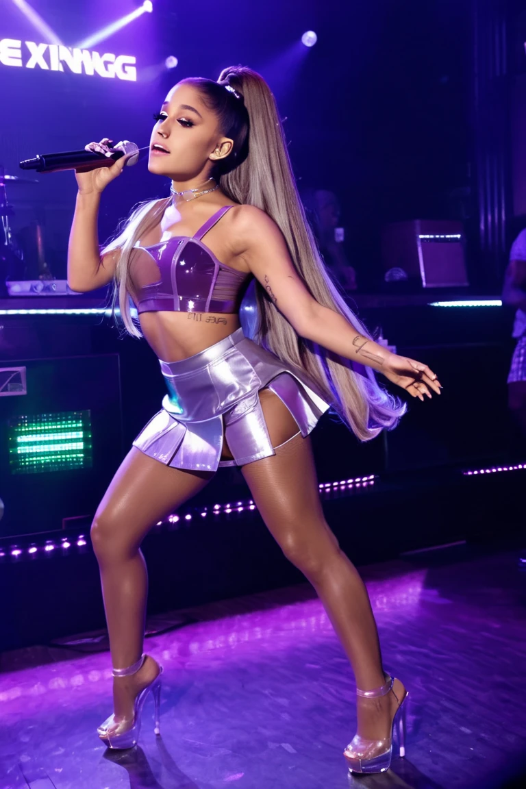 Ariana Grande Beautiful , sexy, silver performance outfit, platinum hair, kissing the audience, on stage