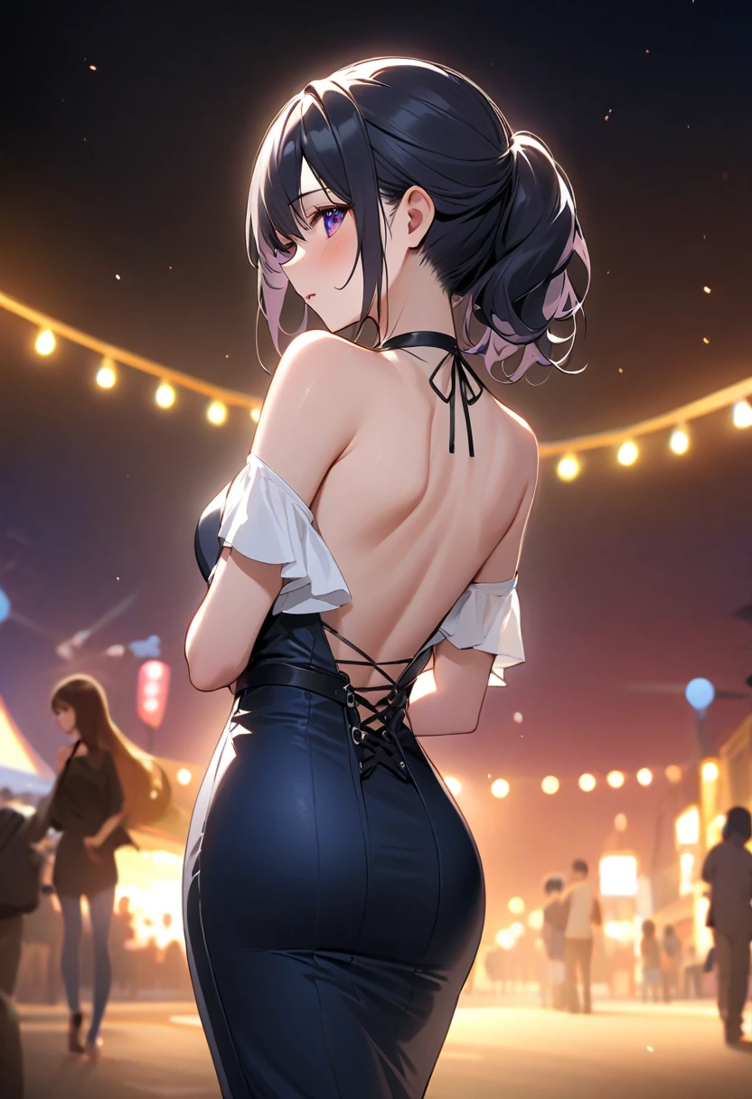 ((masterpiece,best quality)), highres, extremely detailed 8K wallpaper, depth_of_field, best shadow, (Colorful),(Delicate eyes and face), nice hand, Perfect hands, (Perfect lighting), Ray tracing, BREAK
((dancing)), (1girl in), mogami \(kancolle\), black hair, short hair, black eyes / green eyes, swept bangs, small breasts, slender, skinny, smile, (full-face blush), open mouth, BREAK,
(ballerina, ballet:1.2), (tutu:1.3), (dark leotard:1.2), (transparent dark dress:1.3), (black pantyhose:1.2), bare shoulders, tiara, cameltoe, point shoes, ballet slippers, sexy, BREAK,
(cowboy shot and knee:1.5), stomach focus, from behind, ((dancing saloon)), night time, (dark backgrounds:1.3),