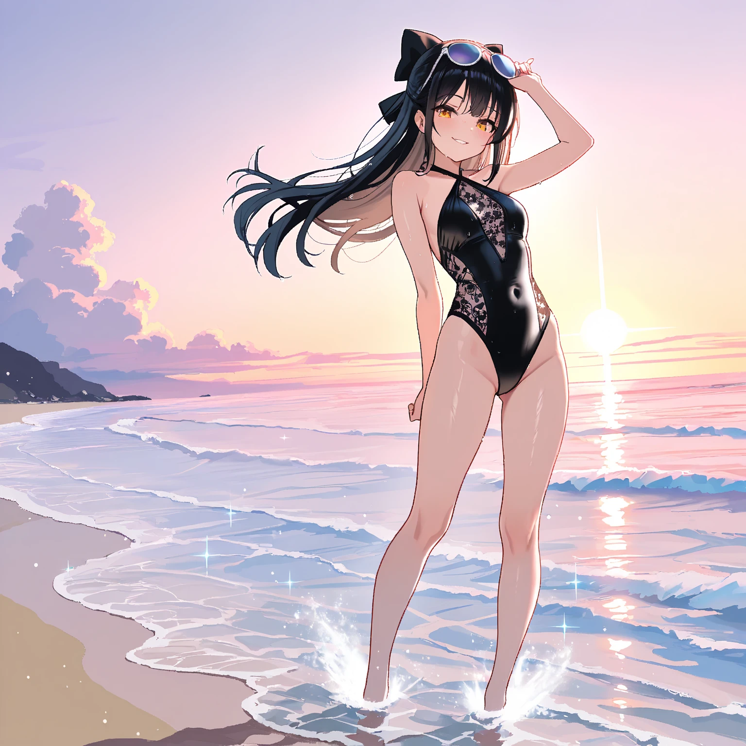 (masterpiece: 1.2, best quality), (finely detailed beautiful eyes: 1.2), a girl with twintail, brown eyes, with an open black sweater on the front black bra, beach, water, large breasts, age 20, black hair, pale white skin