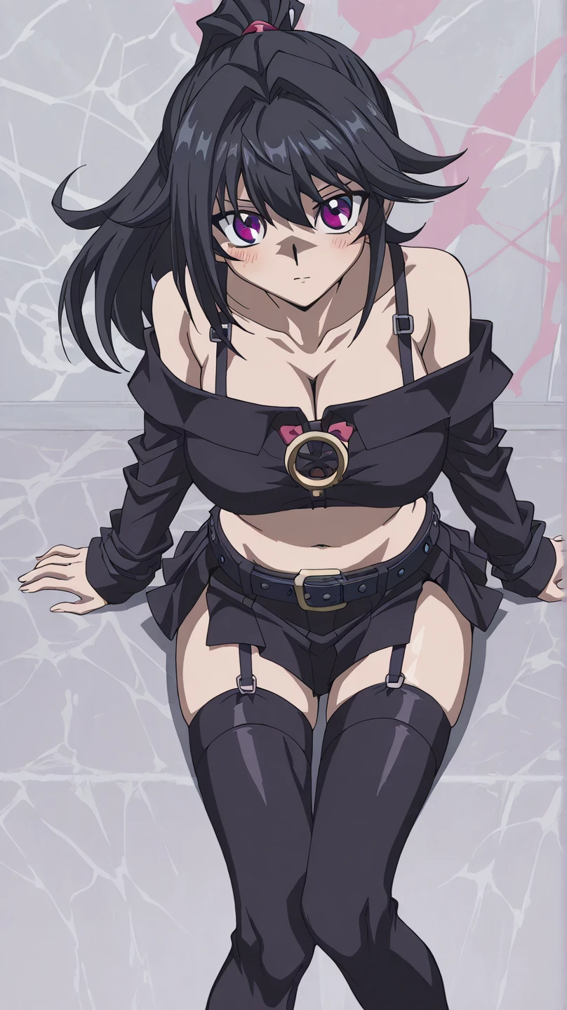1GIRL,PINK EYES,SIDE PONYTAIL,LONG HAIR,BLACK HAIR,ARCHITECTNORMAL,BELTS,SANGVIS FERRI,VERTICAL STRIPES,THIGHHIGHS,SHORTS,LONG HAIR,HAIR ORNAMENT,BARE SHOULDER,CLEAVAGE,ELBOW GLOVE, solo, facing viewer, looking at viewer, upper body, smile.