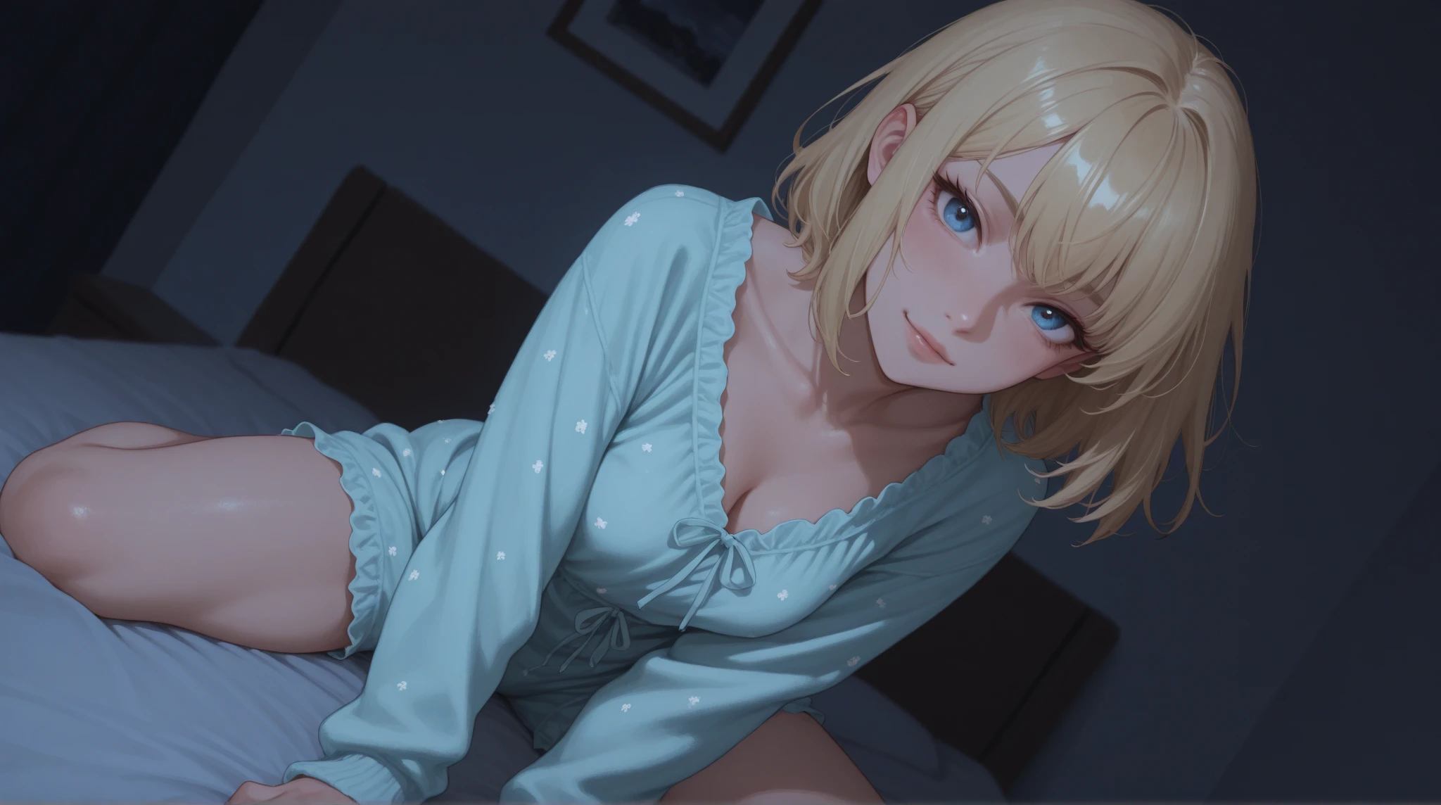 Girl in short shirt with lingerie underneath, blonde hair and green eyes lying on a bed suggestively!