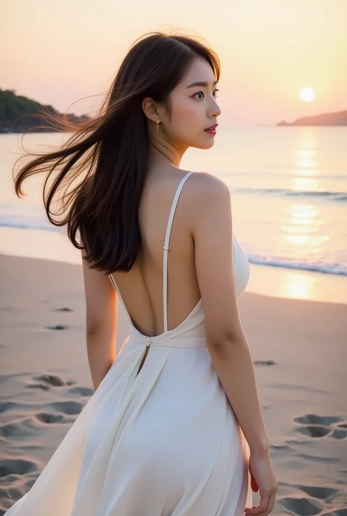 arafed woman in a white dress standing on a beach at sunset, with sunset, in the sunset, with a sunset, shot at golden hour, at the sunset, at golden hour, at a beautiful sunset, at beach at sunset, shot with canon eoa 6 d mark ii, on the beach during sunset, during golden hour, sunset and big clouds behind her