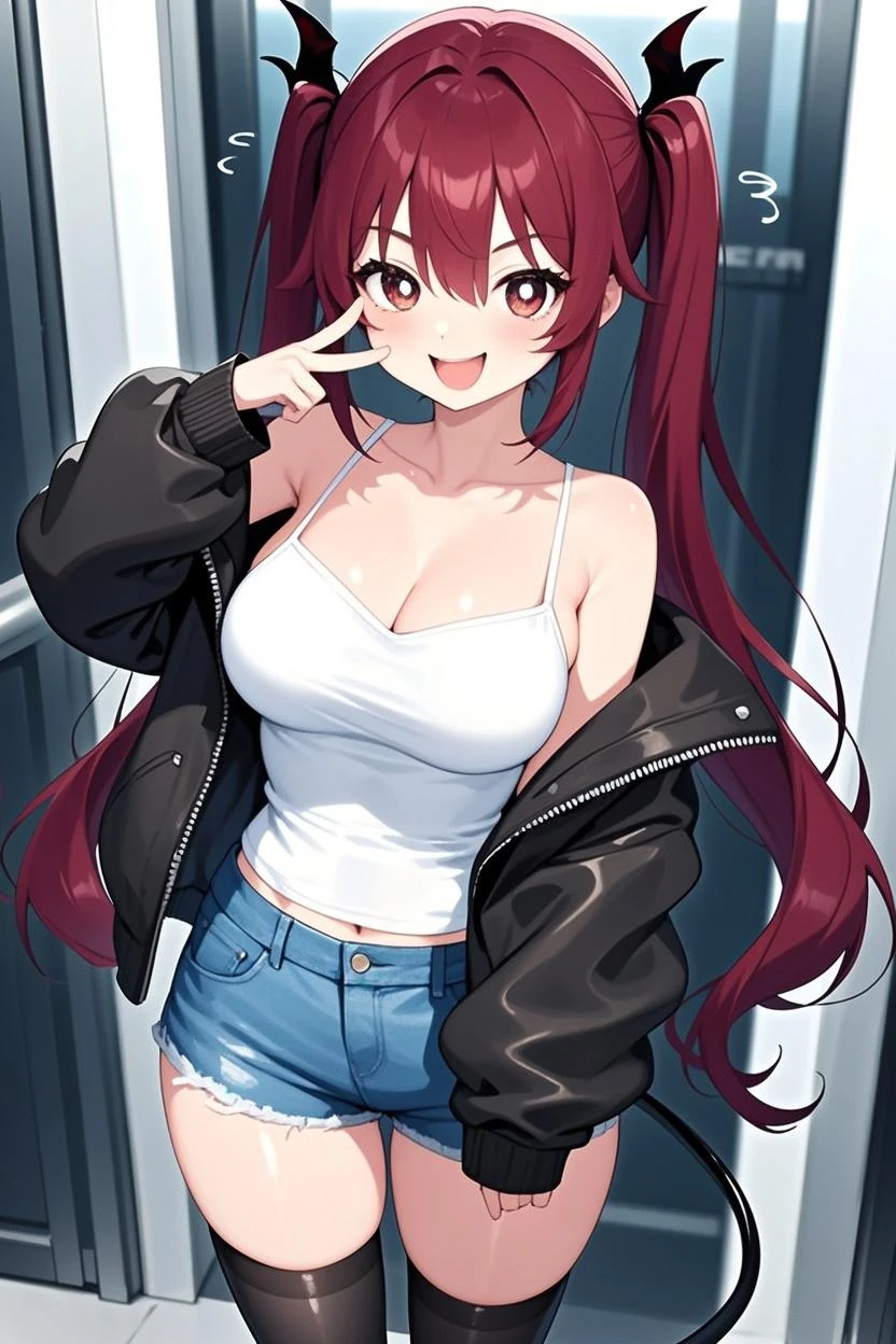 1 girl 20 years old, long red hair, (black eyes:1.5), pink cheeks, BREAK confident laugh, confident face, confident expression, Acceptable, BREAK (masterpiece:1.2), Best quality, resolution high award, enhanced details, perfect image quality, standing, encouraging, seductive, perfect figure, (red-black jacket:1.5), (corp top:1.5), (jeans:1.5), upper body, blush, blush stickers, cleavage, collarbone, duel monster, pentacle, BREAK looking at viewer, BREAK outdoors, high resolution, unity 8k wallpaper, (illustration:0.8), (beautiful detailed eyes:1.6), extremely detailed face, perfect lighting, extremely detailed CG, (perfect hands, perfect anatomy), BREAK exposed navel,