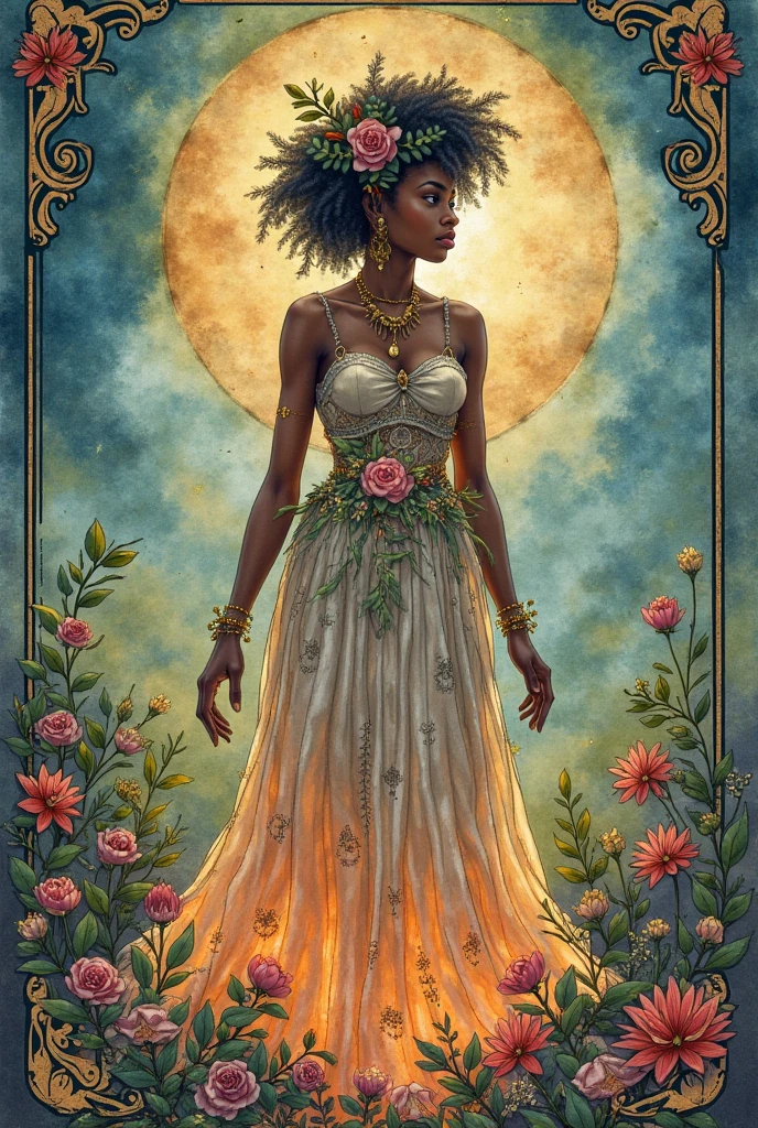 A full body portrait of a gorgeous black woman with flowers on her hair, tarot card, variscite, alphonse mucha, gustav klimt, anna dittmann, floral, art nouveau, illustration, hyperrealistic, line art, marker drawing, watercolor painting, african American woman