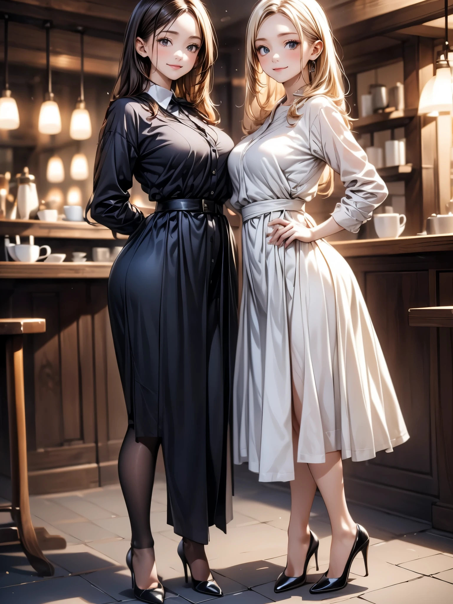 (Masterpiece, great quality, high resolution) Pastry wardrobe, sitting, full body, tight black pants, white chef's jacket very very tight, brown hair with a bun, large and beautiful eyes, intense and sensual look, very large and voluptuous hips, big legs, sensual posture, luxurious pastry atmosphere, dreamy.