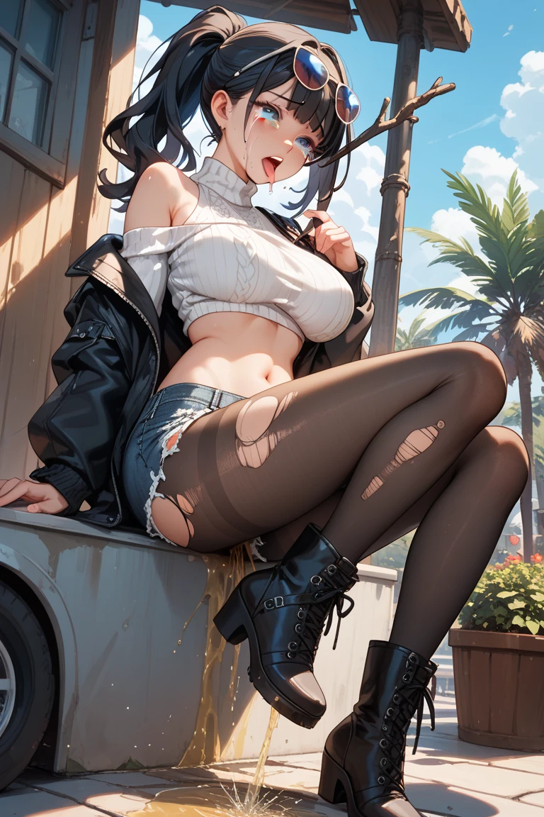 (hyperrealistic), (illustration), (high resolution), (8K), (extremely detailed), (best illustration), (best quality), outdoors, squat, legs open, blush, shy, big breasts, long legs, tight abs