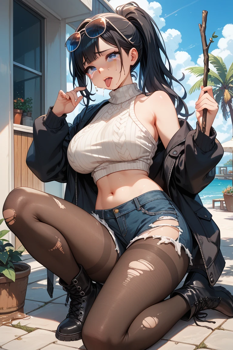 1girl, bangs, bare shoulders, belt, between breasts, black hair,long hair,high ponytail,ponytail,orange eyes, blush, breasts, bubble tea, bubble tea challenge, cleavage, cup, disposable cup, drink, drinking, drinking straw, eyebrows visible through hair, hair between eyes, hairband, large breasts, looking at viewer, midriff, navel, object on breast, short hair, shorts, skindentation, smile, solo, thighhighs, thighs, white legwear, window