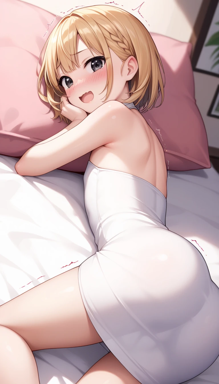very thin cute girl 12 years old in very short white swimming trunks, Shy. Lying in bed, back to camera, ruddy ass