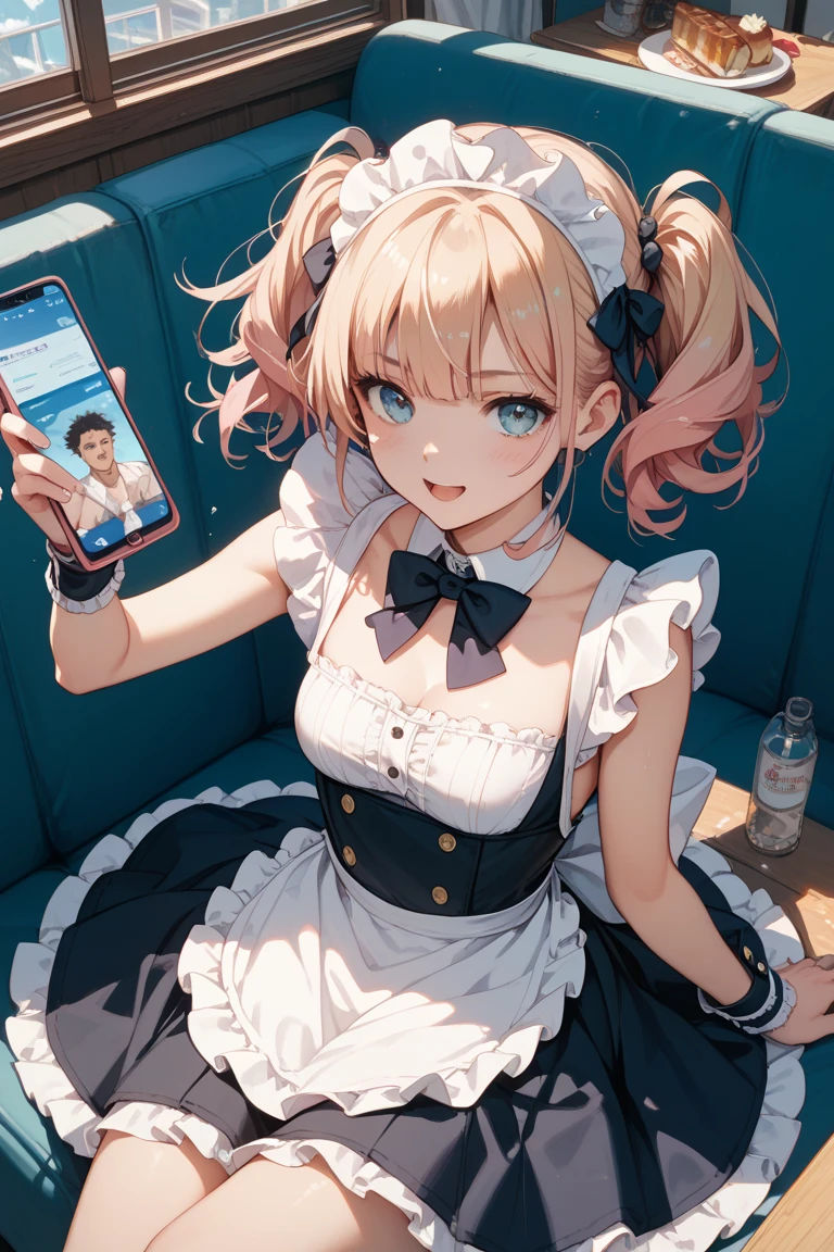 irohaisshiki, iroha isshiki, long hair, brown hair, (brown eyes:1.5), Raise your right hand above your head before taking a selfie,With his left hand, he spreads the collar of his shirt and shows his cleavage.,Smile, smile, open your mouth,short braided hair,ponytail,blush,smile,Maid clothes,Medium chest,she was wearing a miniskirt, black pantyhose, sitting cross-legged on a chair,So that the whole body goes into the illustration,
break indoors, coffee shop,
break looking at viewer,
break (masterpiece:1.2), highest quality, High resolution, unity 8k wallpaper, (shape:0.8), (fine and beautiful eyes:1.6), highly detailed face, perfect lighting, Very detailed CG, (perfect hands, perfect anatomy),