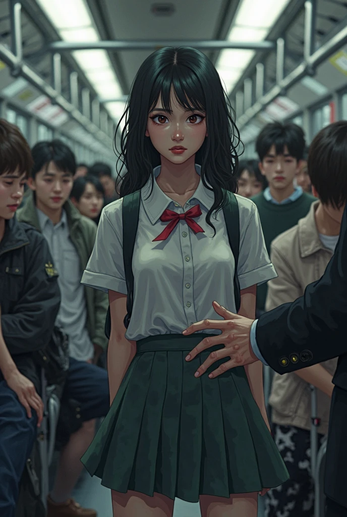 crowded train, girl as yukino yukinoshita, fat bald man hugging her from the front talking with mouth and lifting her legs, black sexy lingerie,, pubic hair visible, 40k, photo, masterpiece, best quality, dark grey background, (with one girl's immediately open legully open legs with big breasts, an elderly man leans on her from the front and picks her up and does different poses., Blushing, troubled eyebrows, rough breath, clenched teeth, burning face, heart pupils, sweaty, full body wet, black hair, long hair, knee bending, reluctance, watery eyes, big, soaked, small, slender, white shirt, tie, pants visible through short pleated skirt, slouch, slender, short pleated skirt, slouching, hands on chest, crotch open, lewd, kissing, hugging, tongue sucking, legs tangled around hips, cowboy shottouching breasts, hands on the crotch, breastapart, (ahegao, rolling eyes:1.5), (black knee high socks:1.4)
