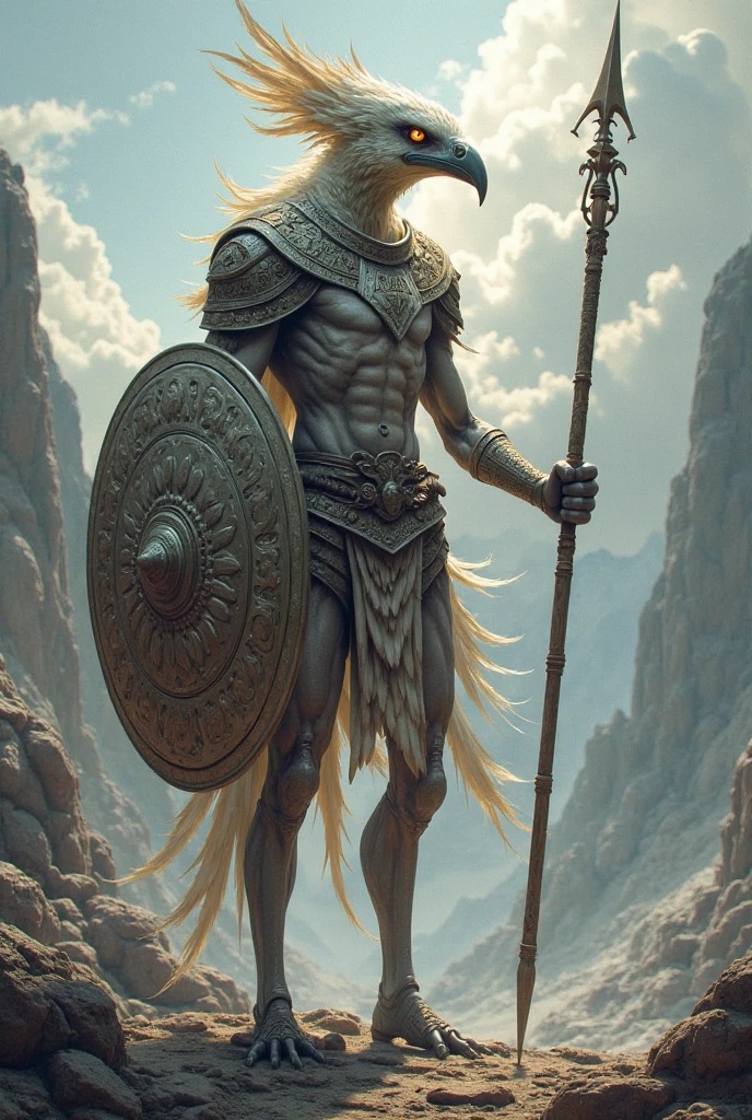 Ammon, eagle head, strong body, 5 fingers on hands, holding a staff, 18k, ultra realistic, Egyptian senario, with pyramids behind, desert, camels, gentle wind, --auto