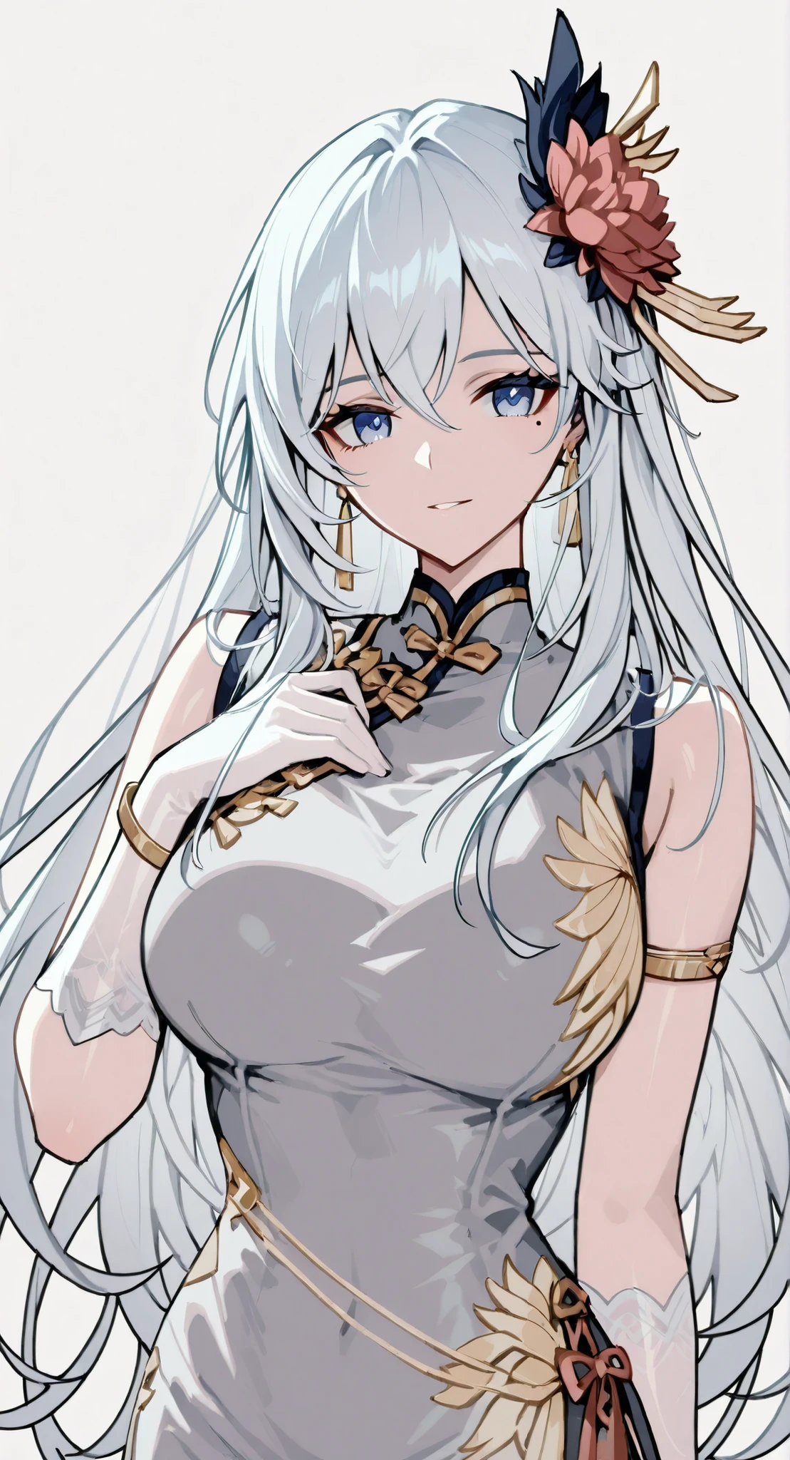 mole under eye、Armlet for left arm、bracelet for right wrist、pure white china,sleeveless china ,Haise Jinyao, Genshin character、Keking, Full Body Senxia , Female Anime Characters Who Collect Their Boob With Both Hers, Picture of a woman with long white hair,are in good shape,thin waist,mole under eye,Long Gloves,earrings、 anatomically correct, accurate, textured skin, high details, best quality, 8k