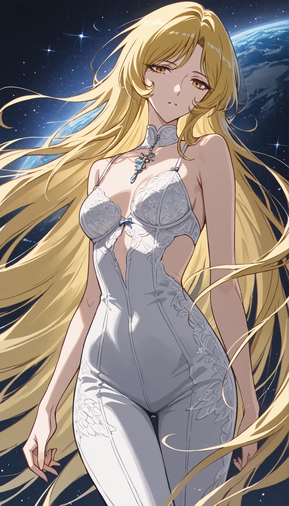 (Maetel:Galaxy Rail 999), Best Quality, great quality covered with white scales, Score 9, 1girl, is wearing luxury lingerie , Curved Hips,Dynamic movement ,background is the Earth in space