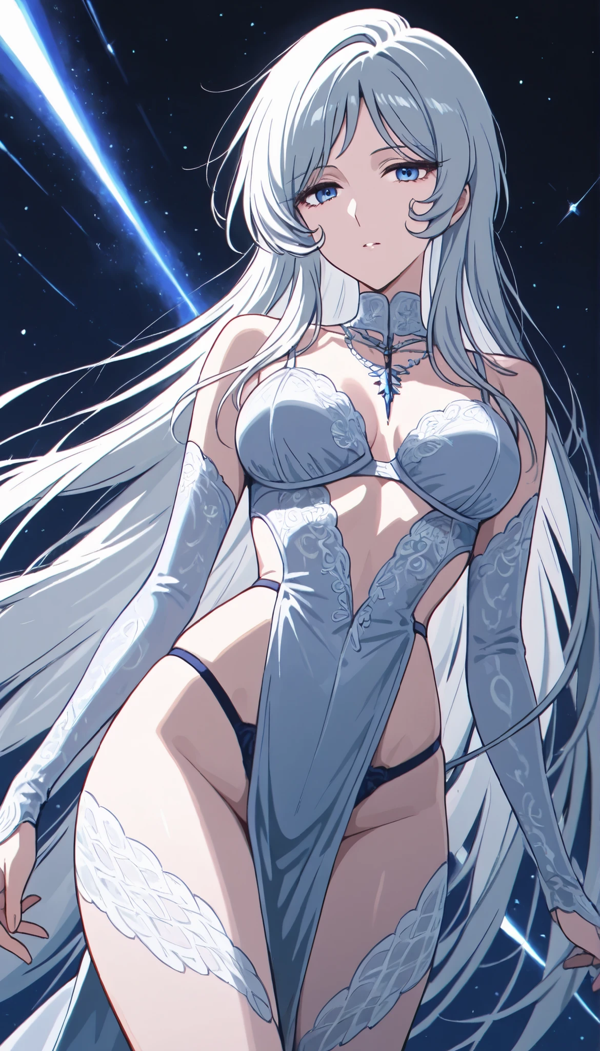 Extremely long white hair, purple eyes, dreamiest female figure, gorgeous teen girl. Gorgeous white mermaid fit and flare strapless wedding dress, with beautiful lace details with a matching long vail. Most perfect body and facial details.
