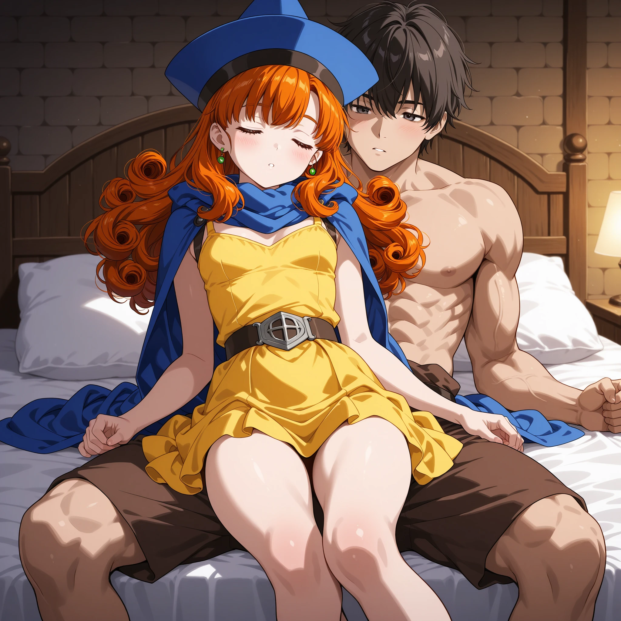 sweat, full-face blush, netorare, corruption, looking at viewer, (happy, smirk,smug, closed mouth,smile ), sitting, on bed,cleavage, bare shoulders, collarbone, hand on another's shoulder, hotel room,
faceless male, dark-skinned male, muscular male, sunglasses,
orange hair, asuna \(sao\), orange eyes, long hair,, (masterpiece),(best quality),extreamly delicate and beautiful,illustration,absurdres,(realistic:0.4), high quality,, 1boy,1girl, hetero,