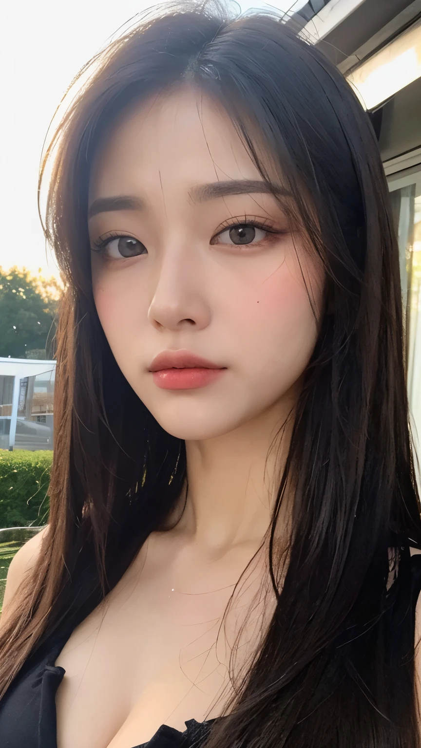 ((surreal、Super detailed image, maybe a photo.,Captures the details of the skin texture of an incredibly beautiful woman..))long straight black hair。outdoors, cleavage