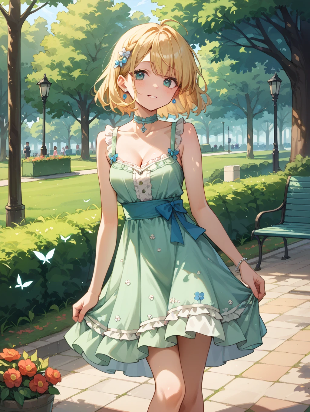 top quality, full body portrait, 1girl, European, blonde hair, delicate face, cute face, 26 year old, mature Female, lifted-up full brests, delicate Vulva,1boy,, imminent penetration, from behind, green summer dress, off-shoulder style, white lace panties, white socks, brown penny loafers, seating on wood bench on lush green lawn in park, Colorful roses are blooming throughout the park, (shot from the front:1.1), looking at viewer 、 --auto --s2