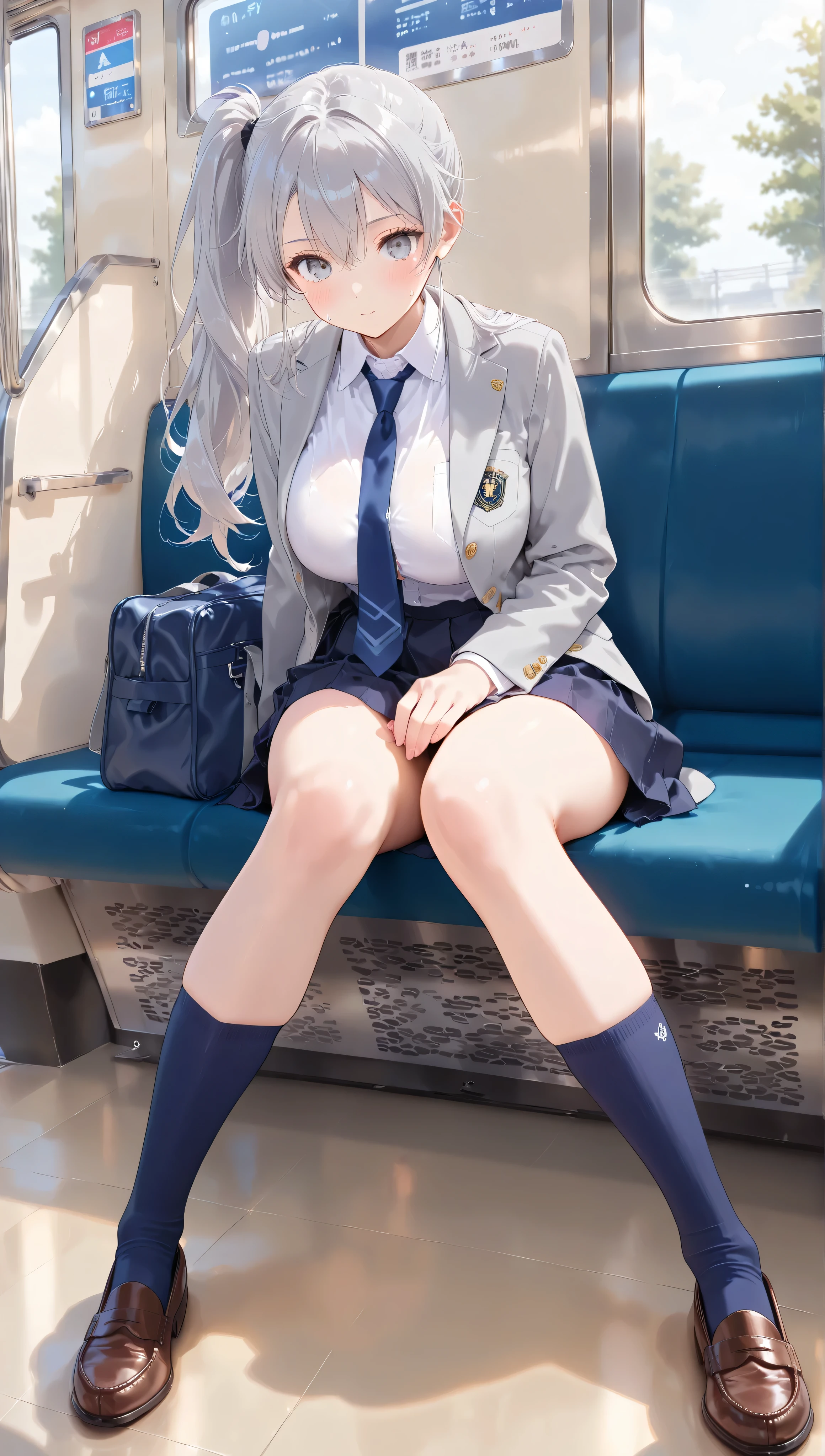 (masterpiece), (Highest Quality), (high resolution:1.2)one woman ((gray long hair))(side ponytail hair:1.1),((gray eyes,))(Big breasts:0.9) ,(long, slender legs), (purple panties:0.2),very detailed and expressive eyes , ((perfect eyes:1.1)),perfect face, Highly Detailed Faces, Highly Detailed Faces,a very delicate explanation of hair ,Depiction of light、Detailed Background、gentle smile,(Highly Detailed Faces:1.3), She goes to school by train,She's Sitting,formal shirt、navy blue tie、Navy Blue Socks、loafers,school bag