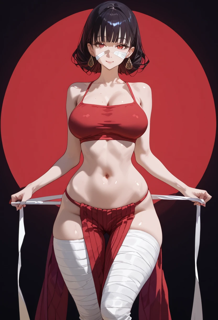 masterpiece, extremely detailed,perfect skin texture,4k,solo,1girl, ,((fullbody)),stand up, legs,perfect body,large breasts, wearing a bandage top, bandage on around , red samurai Loose pants exposed sides thights, housewife,soft light, high detailed, best quality, midriff, navel, navel line, belly, bare belly, , hot girl, , girl, woman, korean face, beautiful, thick thighs, thigh thighs, upper body, beautiful girl, hot pose, perfect hands, wide hips, expressive, looking at viewers, front look, pose, photography, front look, cowboy shot,