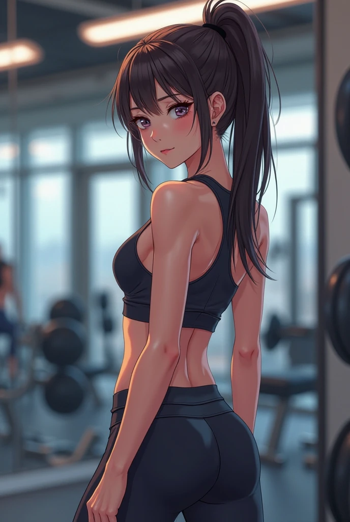 One Girl,美しい浅黒い肌の女の子がput a hair tie in your mouth、hair is tied in a ponytail.,fine-grained brown skin,very cute,put a hair tie in your mouth,,Short Ponytail,Slender,Flat Chest,belly button,Underarm,Healthy Thighs,Anatomically correct,Perfect Proportions,Accurate Fingers,thin fit sports bra,sheer fitted boxer shorts,In the gym,masterpiece,high quality,Western Shot