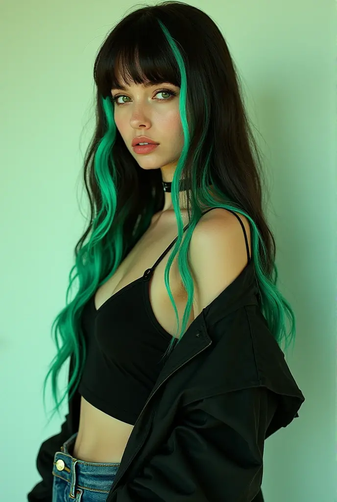 Tall brunette girl, green hair and white highlights with bangs, with grunge clothes