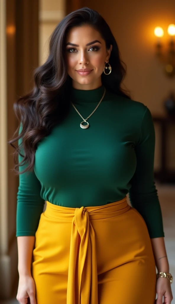 Green turtleneck sweater 75 years old Mom MILF Korean, Lady large earring Big choker navel piercing decoration A bracelet Silver Hair realisitic Gorgeous Madame Beautiful Mature Woman sexy Smile Gentle woman navel piercing 4K High quality hamburger shop French fries Gorgeous Madame Beautiful Mature Woman