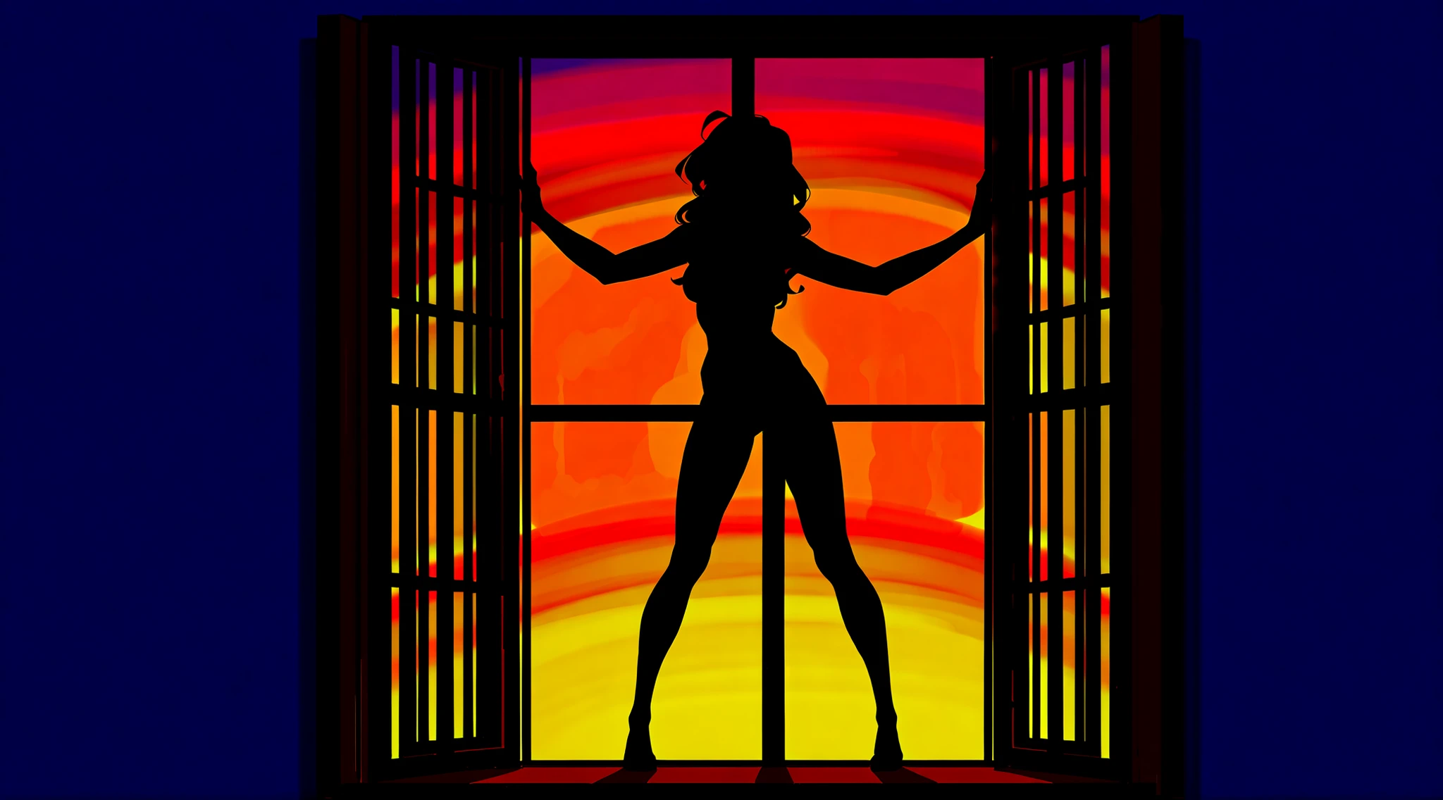 23-year-old model standing at the window in the apartment in red underwear, von vorne, schaut in kamera, tattowiert