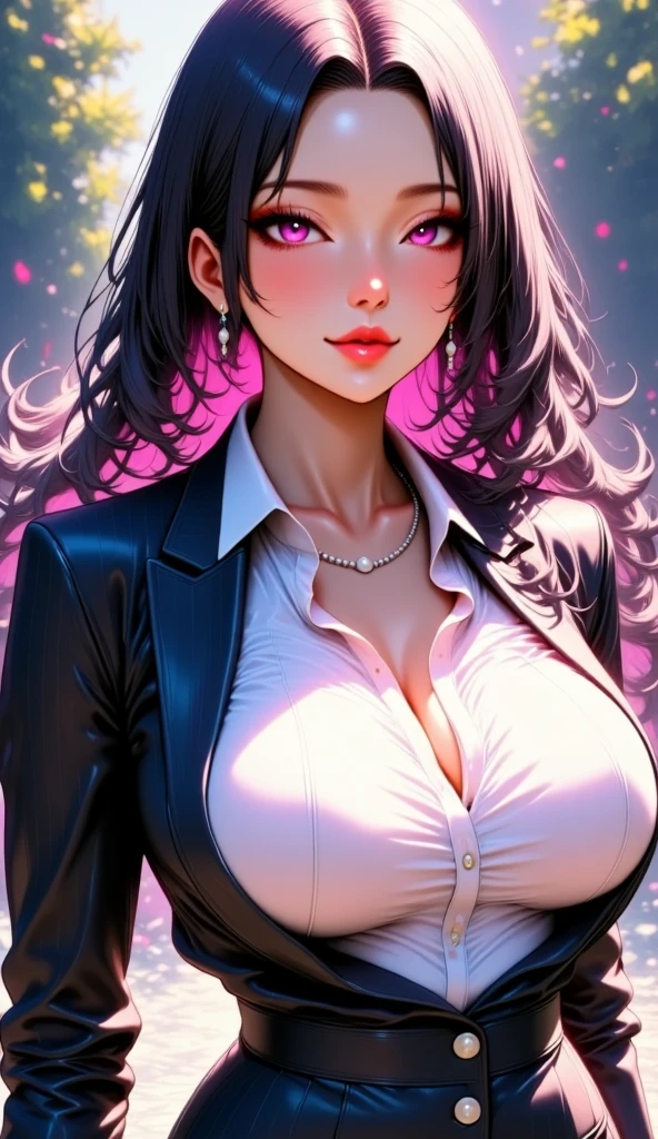 (best quality:1.5, highres, UHD, 4K, detailed lighting, shaders), black floral haired, gradient hair, large breasts, suit, gray shirt, social shirt, short skirt, mature woman , (pov), white background, colorful eyeshadow, dramatic lighting, sparkling eyes, sensual expression, golden earrings, flowing hair, delicate facial features, dark skin, high cheekbones, urban setting, white background, dont look for the camera, lean forward, behind the camera
