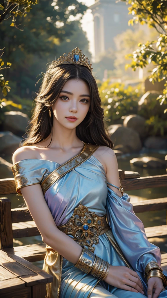 Goddess Athena in golden sacred armor, Hold a shield in your left hand,Hold a scepter in your right hand, Stand inside the Goddess's Palace.,(Best quality,4K,8K,A high resolution,Masterpiece:1.2),Ultra-detailed,(Realistic,Photorealistic,photo-realistic:1.37),hdr,hyper HD,Studio lighting,Sharp focus,Physically-based rendering,Extreme detail description,professional,Vivid colors,Bokeh,sportrait,Light blue and gold color palette,Charming and ethereal lighting