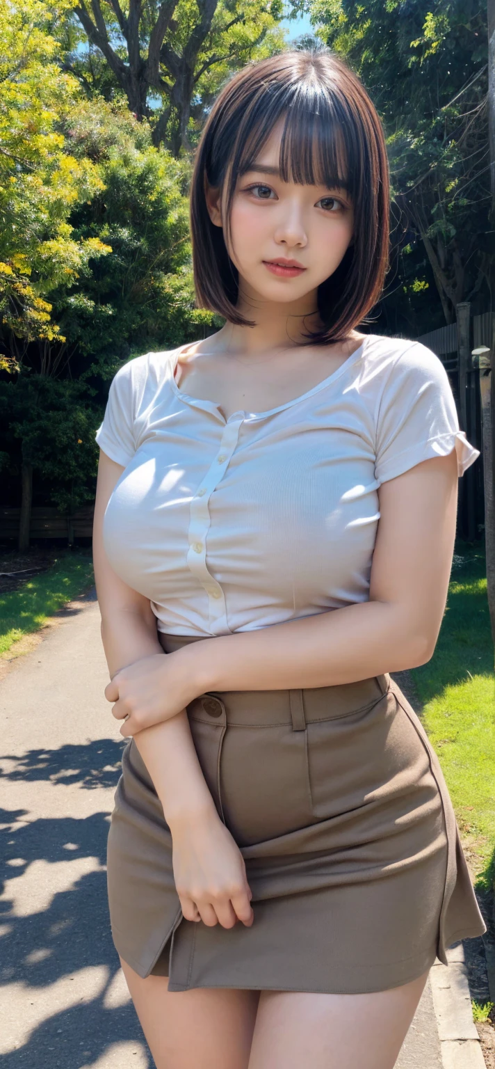 ((中景 the scene is、Full body standing photo))top-quality、tmasterpiece、超A high resolution、(Photorealsitic:1.4)、A Japanese lady、48-year-old woman,ssmile,Wavy brunette hair、Silk、sleeveless shirts,Printed with red and blue flower motifs,Knitted trousers(huge boob:1.4)、standing on your feet:1.2,Rural field background,Slightly chubby body:1.2,Straight body,Slightly chubby face:1.2,Wrinkles at the corners of the eyes,There are wrinkles at the corners of the mouth,perfect bodies,Accentuate Chest,Raised sexy