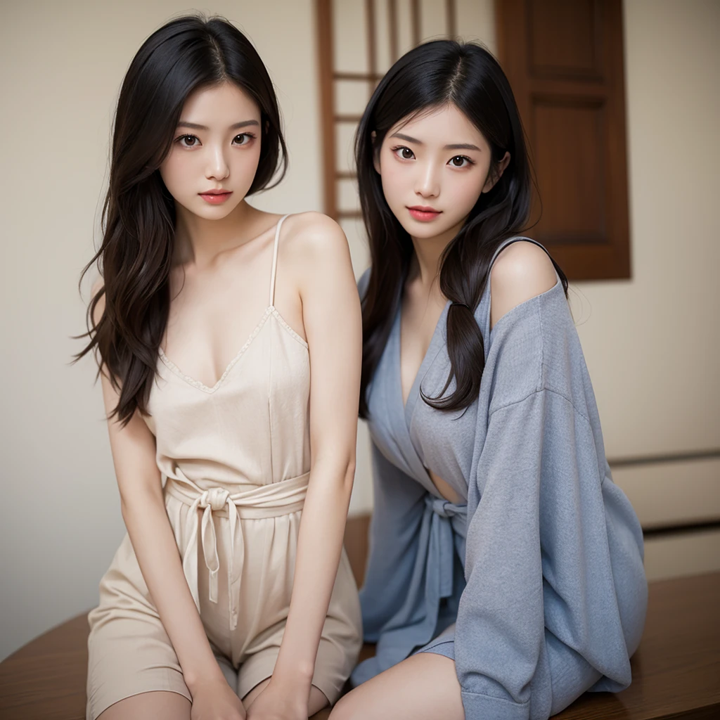 masterpiece,best quality,4k, cowboy shot, 2girls, (arm over head:1.4), smiling beautiful Japanese female nurse wearing aqua nurse dress, hourglass, beautiful detailed face, black hair, pale skin, fair skin, realistic skin, detailed cloth texture, detailed hair texture, Perfect proportion, accurate, Anatomically correct, Highly detailed face and skin texture, private modern hospital room, photorealistic, looking at viewer, asian face